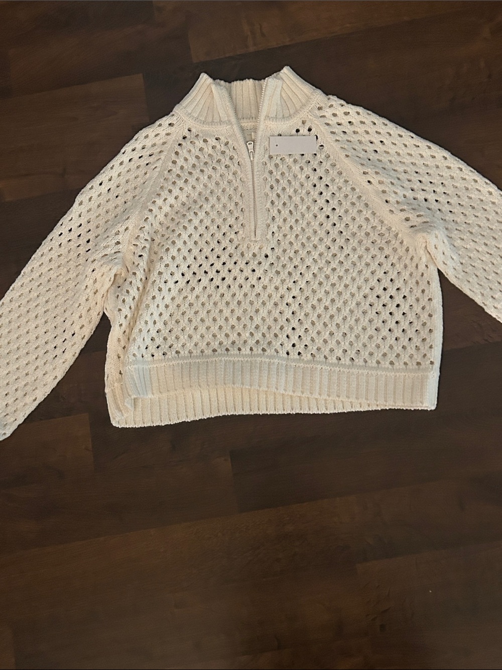 Open-Knit Cream Half-Zip Turtleneck Sweater